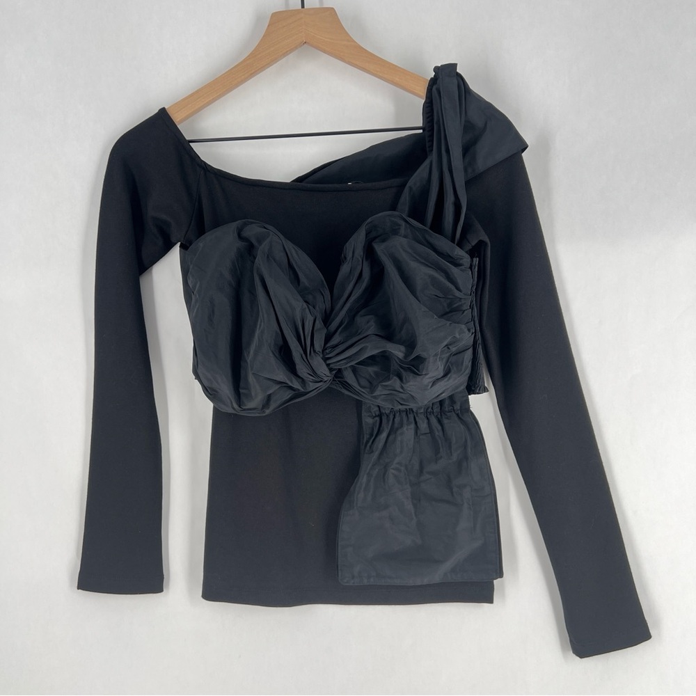 NA-KD Black Smocked Cotton LayeredOff The Shoulder Long Sleeve‎ Top Size S